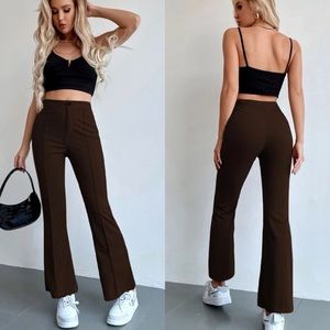 High waisted flared seam detail front pants minimalist brown y2k